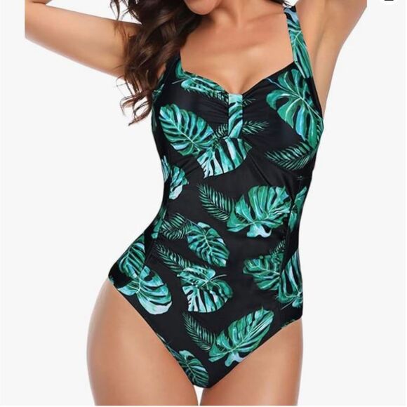 NEW Tempt Me Green Leaf Print One Piece Swimsuit Size M NWT Adjustable Straps - Picture 1 of 6